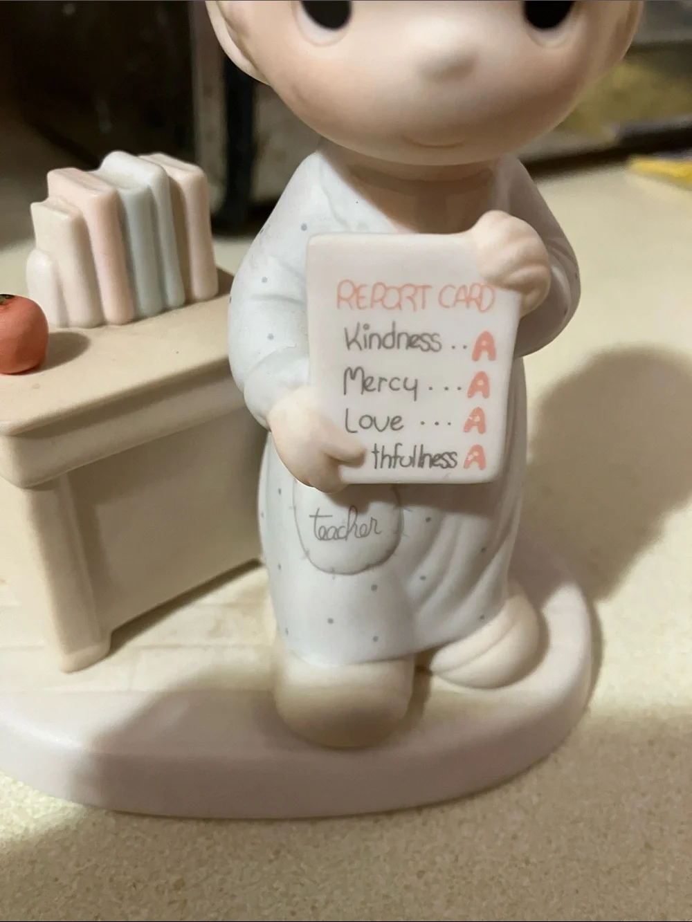 Precious Moments Teacher Figurine in Cream, White and Red Apple Accent